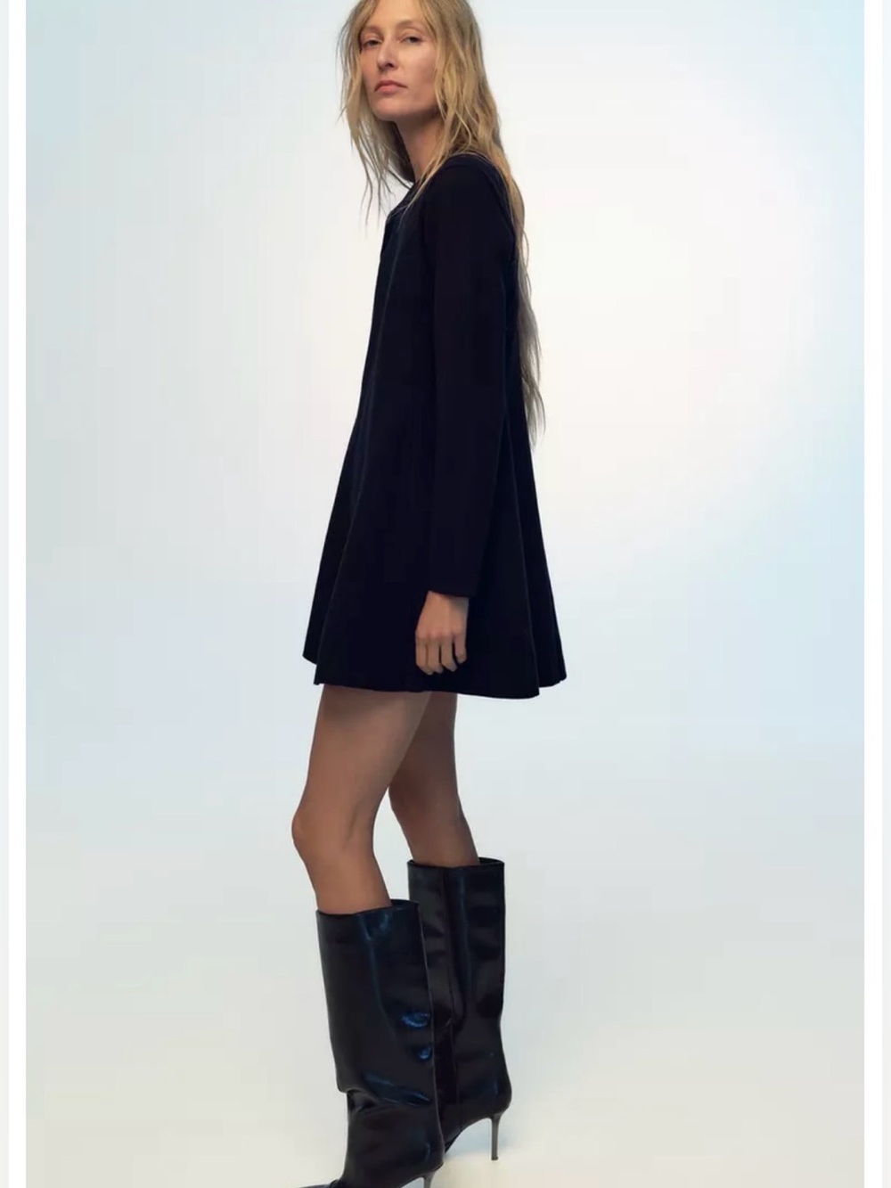 Zara Classic Navy Knit Long-Sleeve A-Line Mini Dress Size Small Mod 60s - Picture 2 of 9